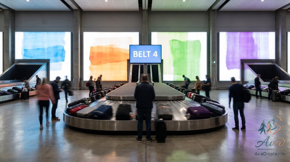 A row of backlit advertising panels and a belt screen in an airport baggage hall