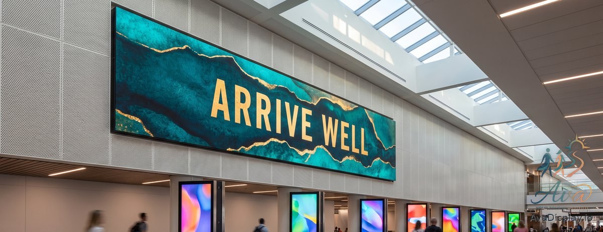 A large lit advertising display in an airport concourse cycling through three different advertisers