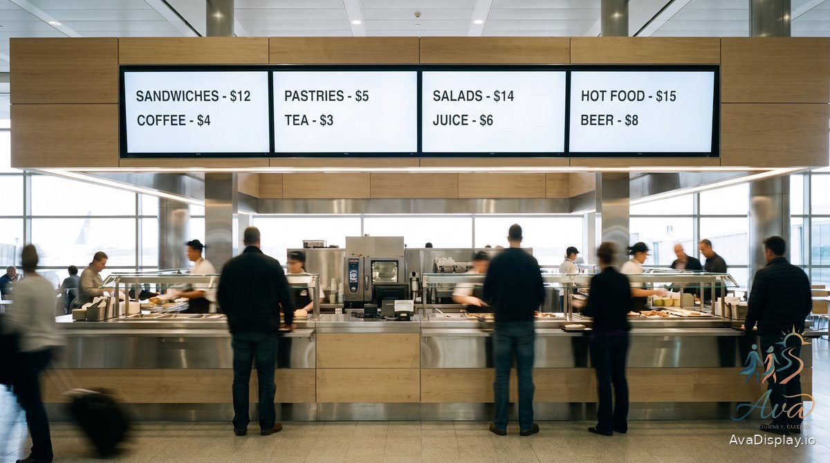 A run of four lit menu screens above an airport food hall counter