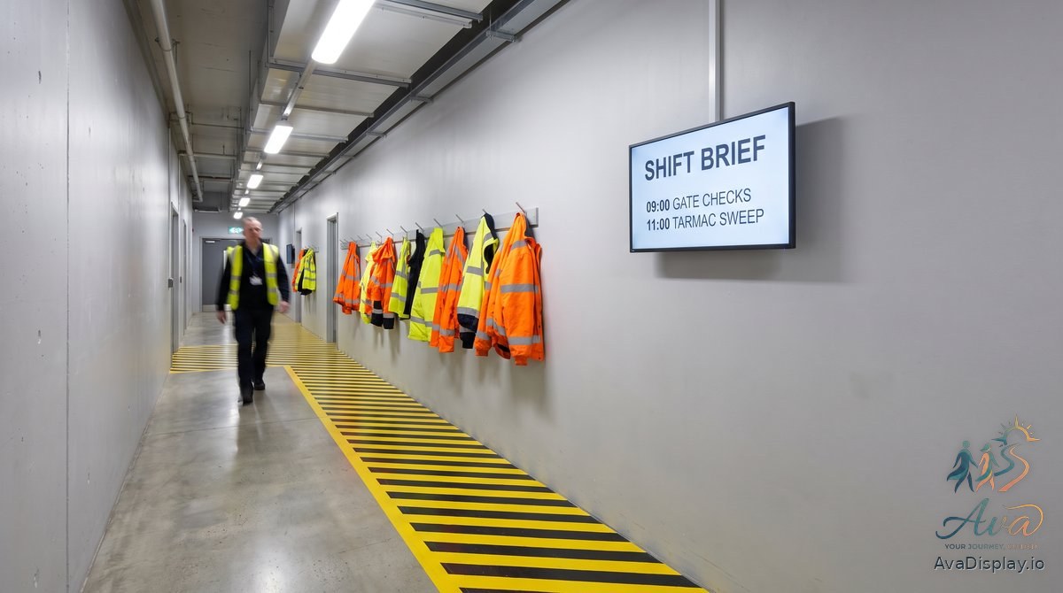 A screen in an airside staff corridor showing a shift brief