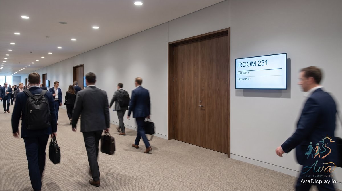A lit screen beside a convention center breakout room door