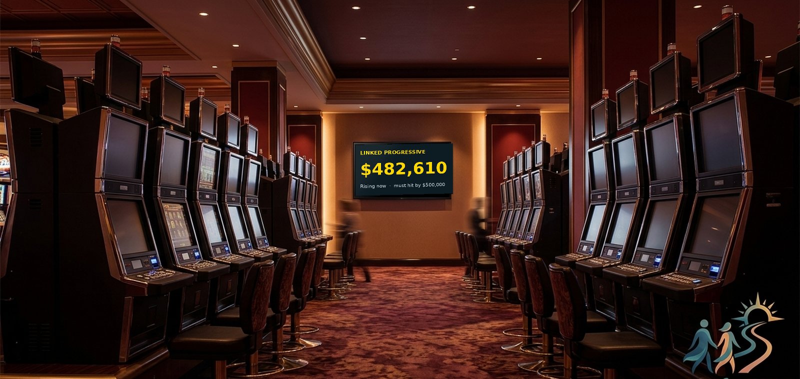 A screen on a casino floor cycling through a linked progressive, tonight's show, dining hours and a tournament board