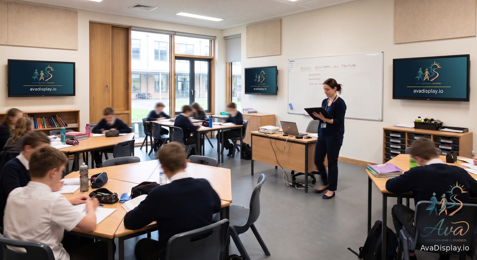 Screens in a school classroom during a lesson