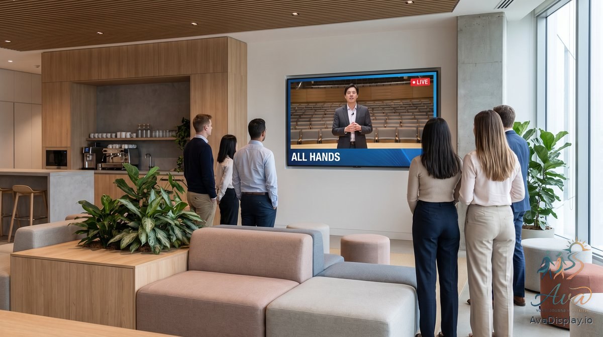 A screen in a corporate breakout area showing a live all hands address