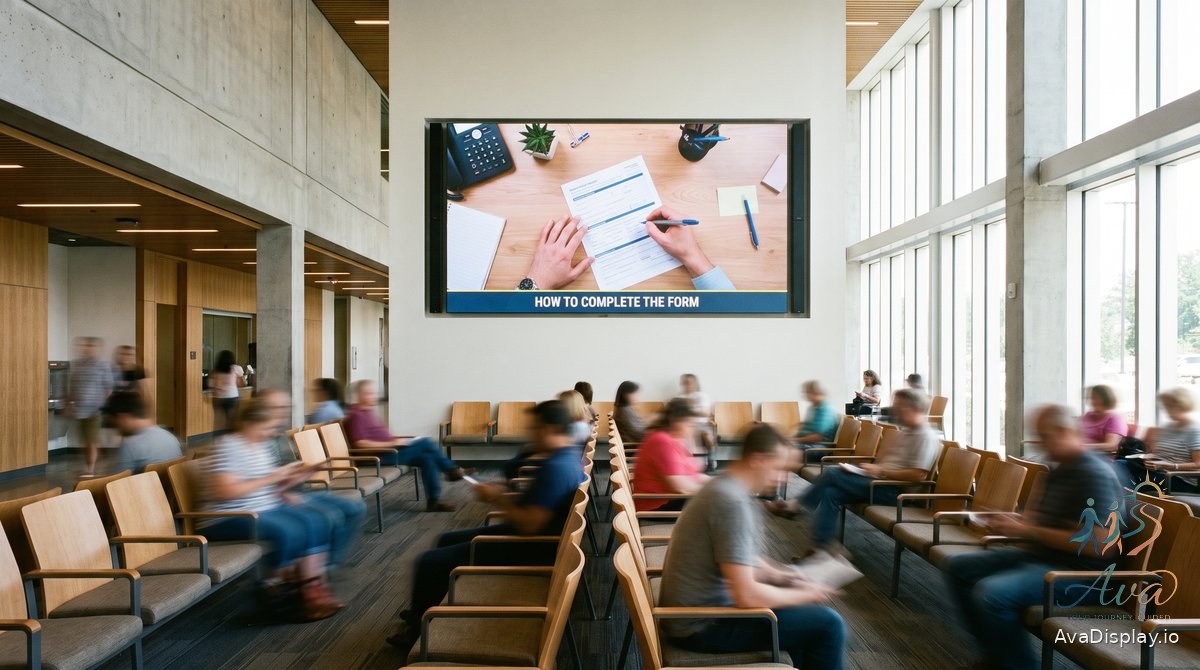 A screen in a public waiting area playing a video showing how to complete a form