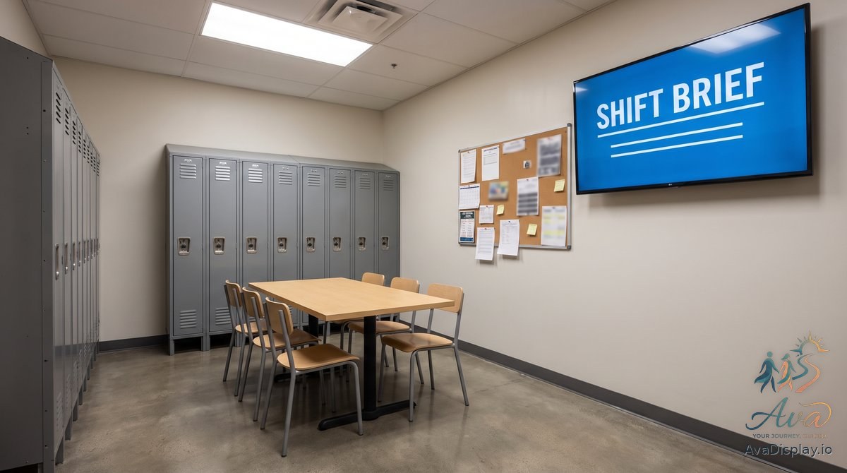 A lit screen in a chain restaurant crew room showing a shift brief