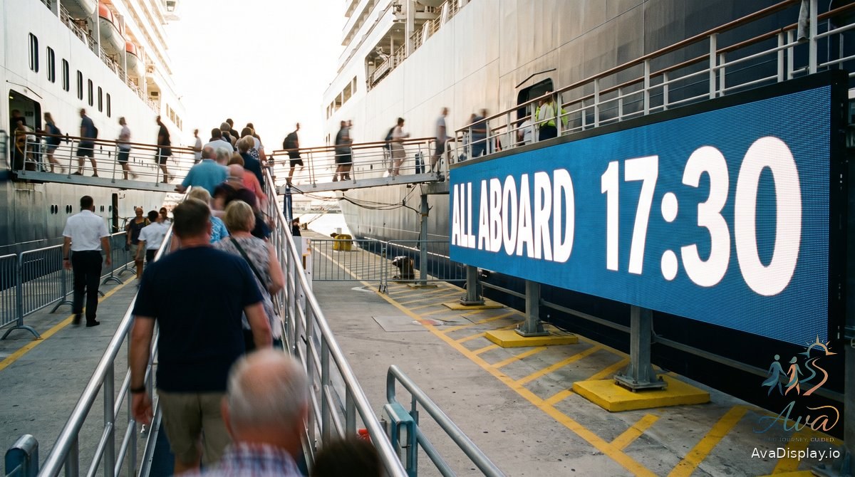 A large lit screen beside a cruise ship gangway showing an all aboard time