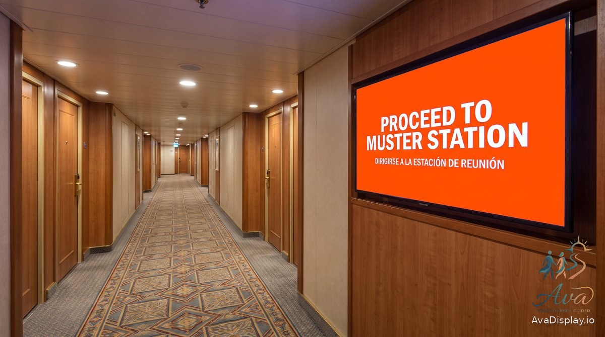 A screen in a cruise ship corridor showing a muster instruction in two languages