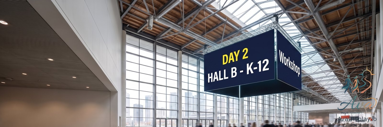 A lit four-sided screen hanging above a convention center concourse showing the hall and the day of the show
