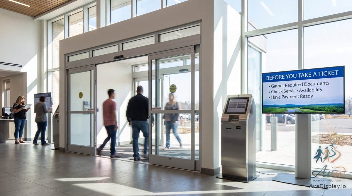 A screen beside a ticket kiosk listing what to bring