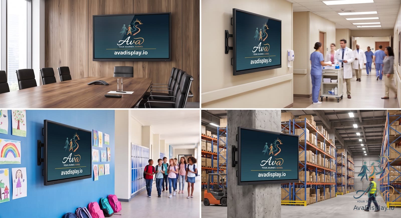 The same wall-mounted screen shown in a boardroom, a hospital corridor, a school hallway and a warehouse