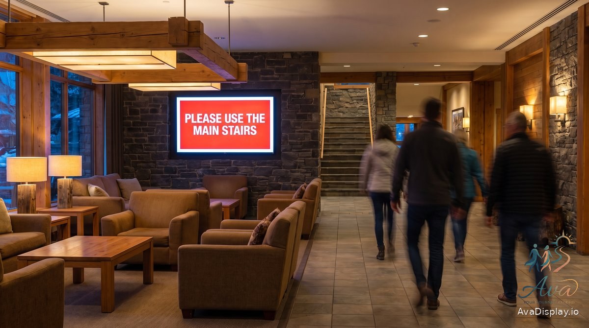 A screen in a hotel lobby showing a property wide notice
