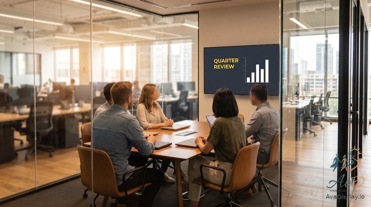 Four people seated around a table in a small meeting room with content on the wall screen