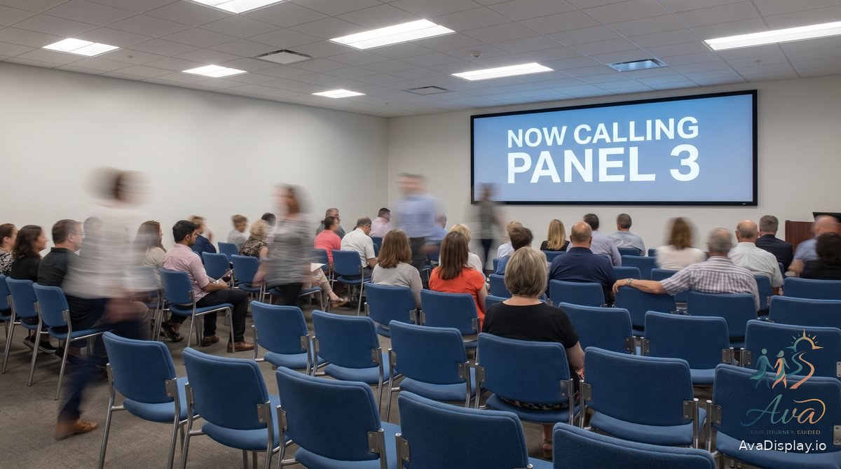 A lit screen in a jury assembly room showing which panel is being called