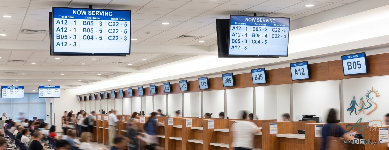 A licensing office with a screen above every counter position and now serving boards on the wall