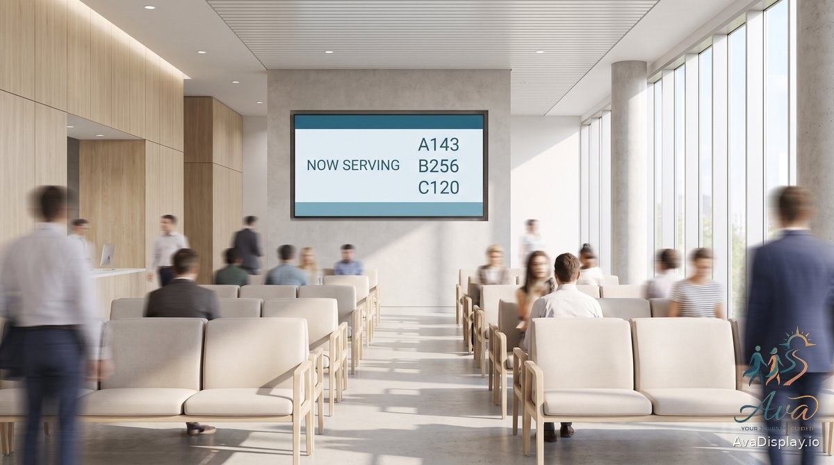 A lit queue screen in a hospital outpatient waiting area