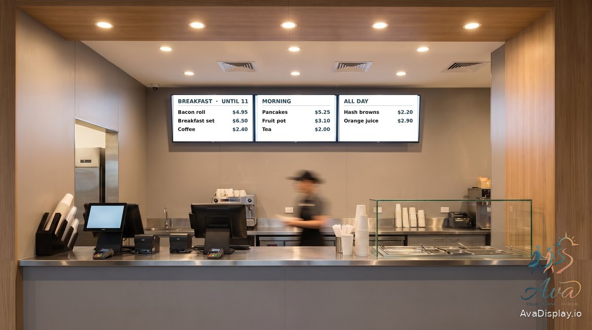 Three lit menu boards above a quick service counter changing from breakfast to lunch