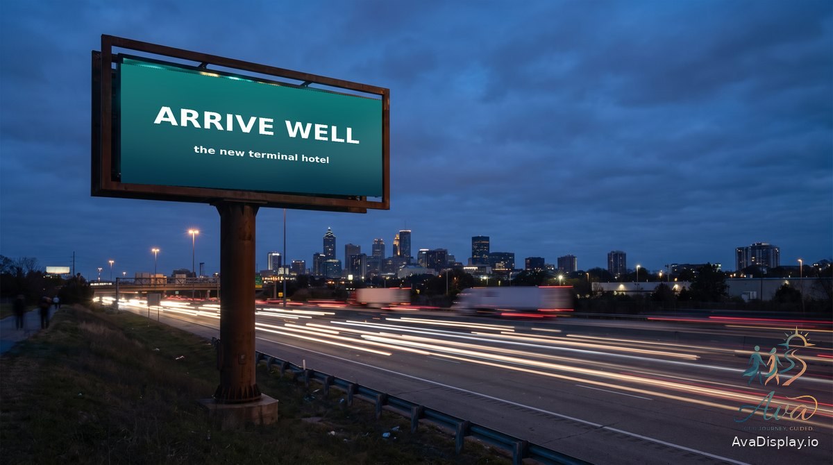 A digital roadside billboard at dusk cycling through four different advertisers