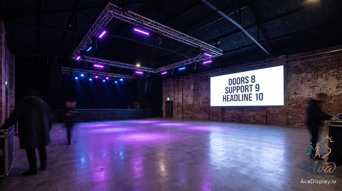 A screen in a venue main room showing the running order