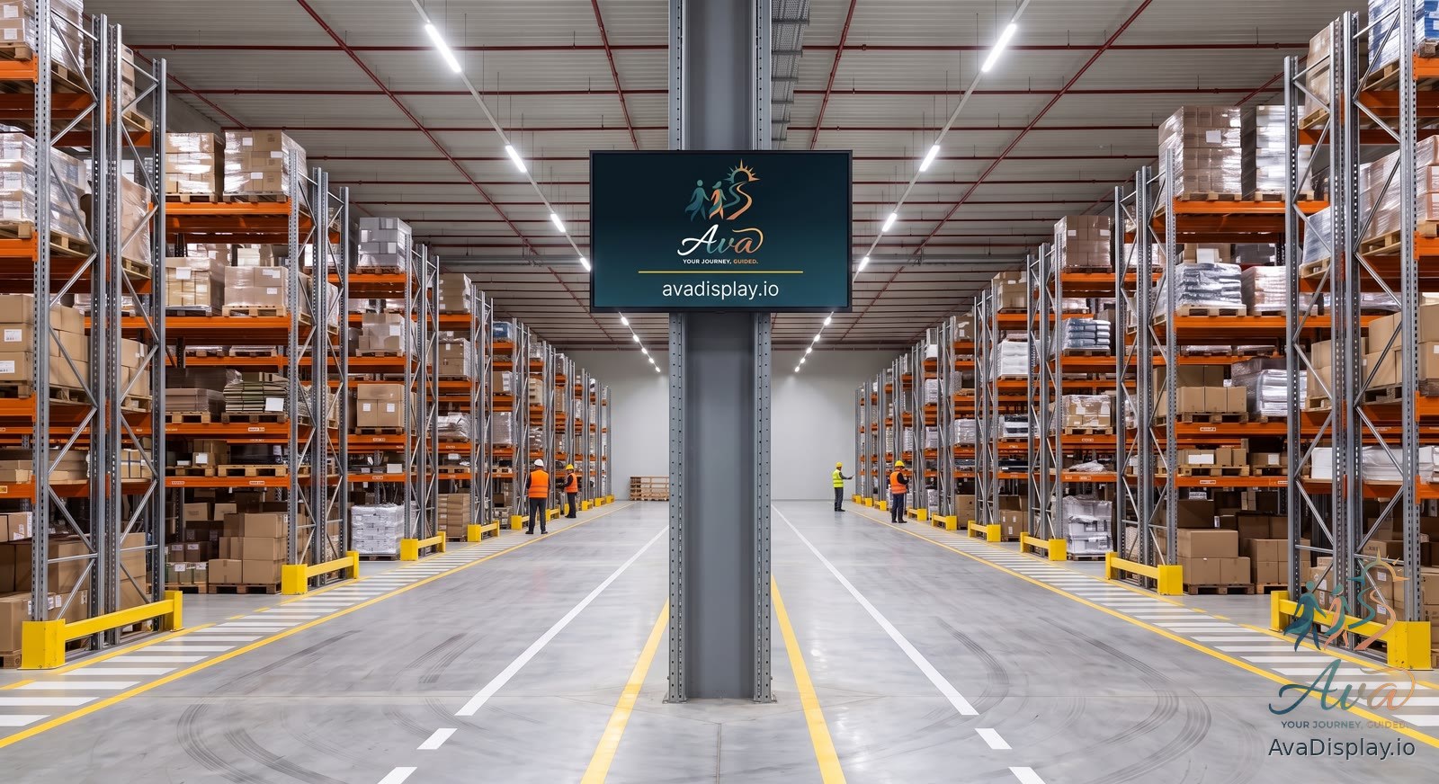 A screen mounted on a column in a distribution warehouse