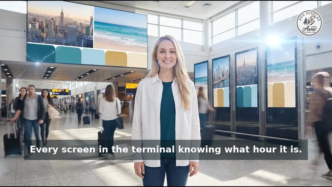 Ava in an airport concourse as the totems light in a chain