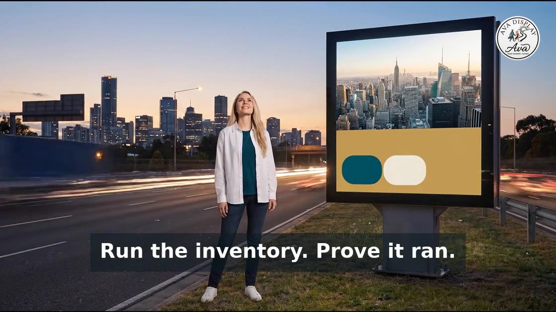 Ava beside a roadside billboard as its face changes twice