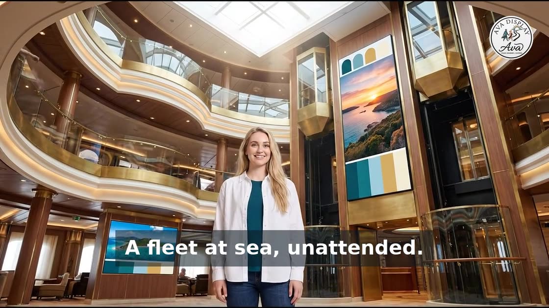 Ava in a ship atrium as the programme screens brighten deck by deck