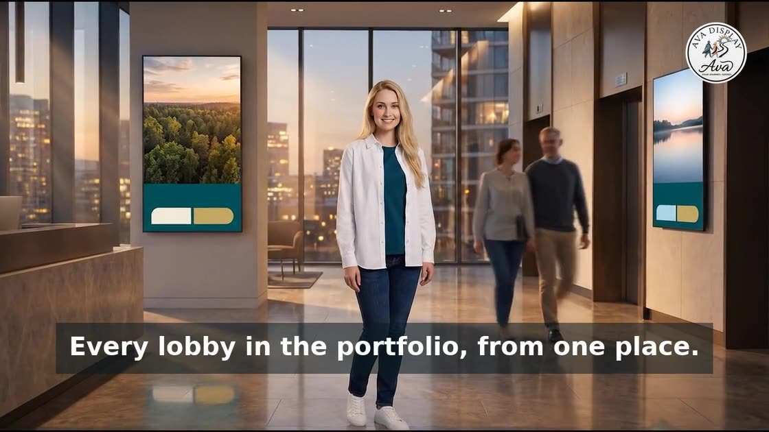 Ava in a residential tower lobby as the concierge and lift screens change together
